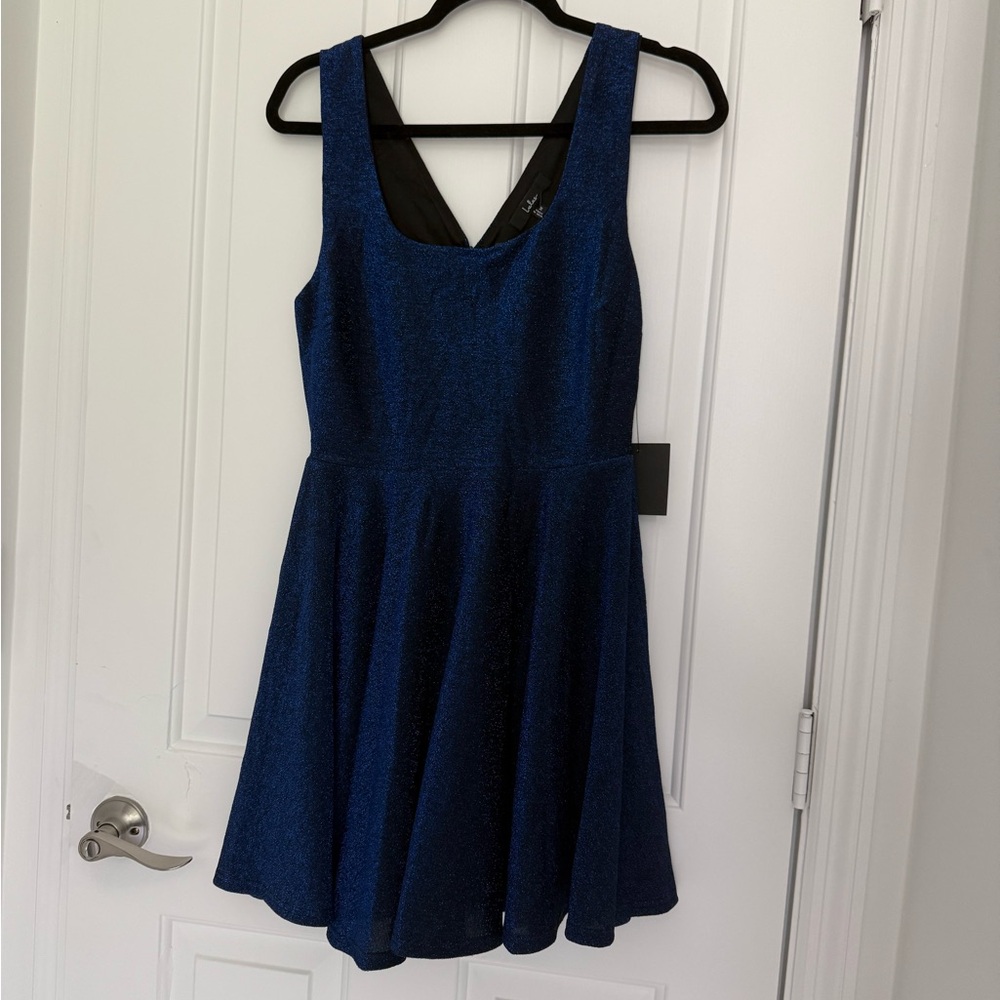 NWT Lulus Best Date Ever Blue Metallic Skater Mini Dress - Size M - Picture 2 of 5